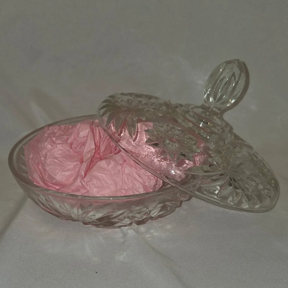 Clear Pressed Glass Starburst Lidded Bowl w/ Lid Round Decorative 2-Piece